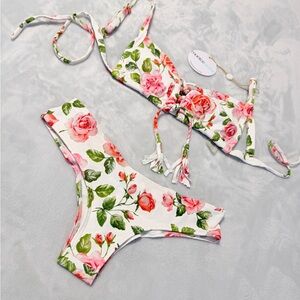 Montce Floral Bikini Set white with Green and Pink “Prima Rose” NWT